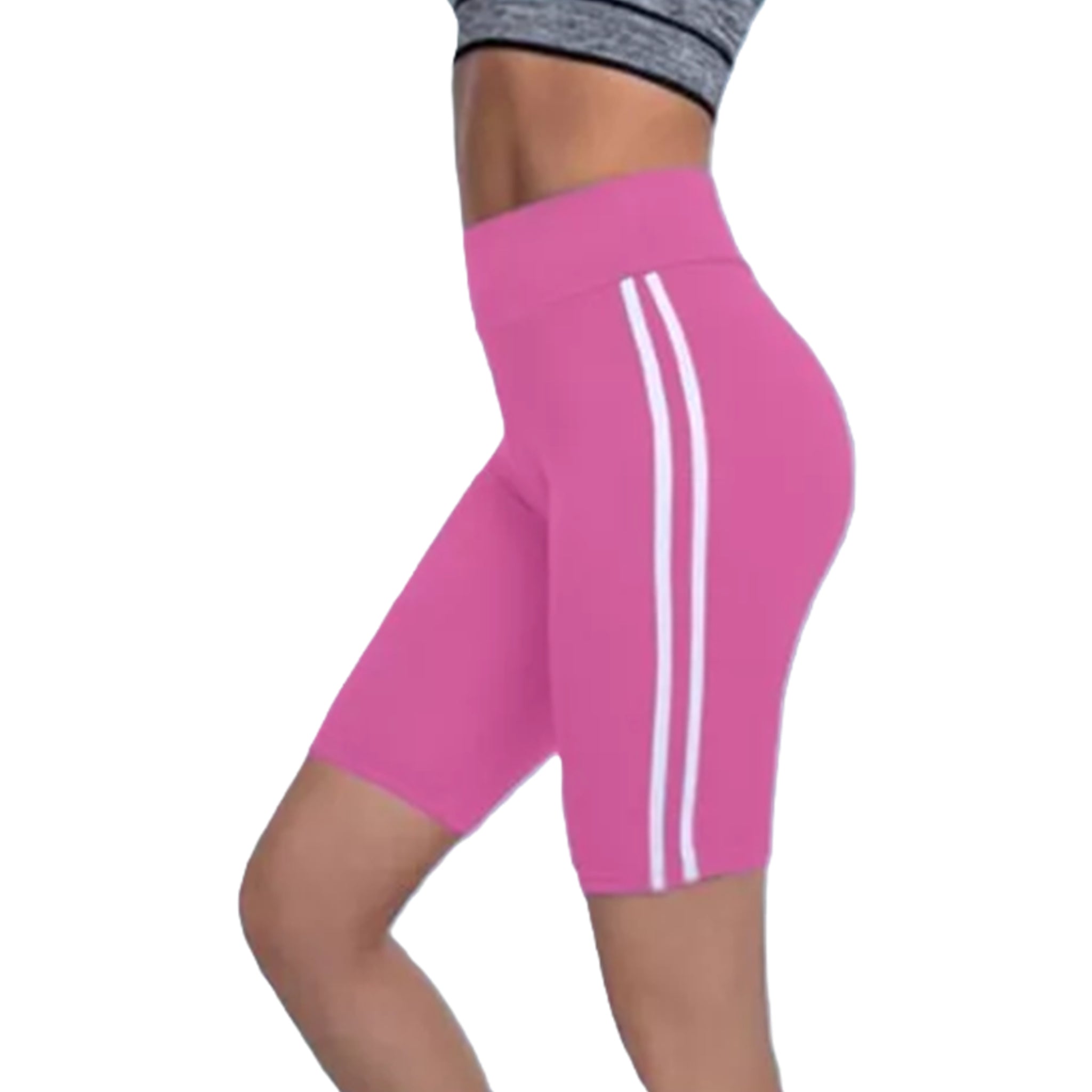 Ladies high-waisted cycling shorts – striped side panel in Pink